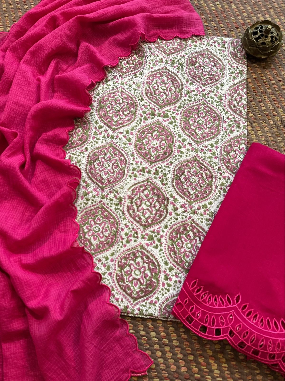 Pure Cotton Hand-blocked Fabric with Cutwork Bottom & Kota Doria Dupatta